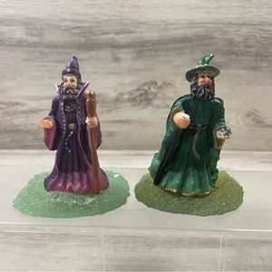 2 Wizards Dragons Purple & Green Figurines - Wizard on a cloud - RARE